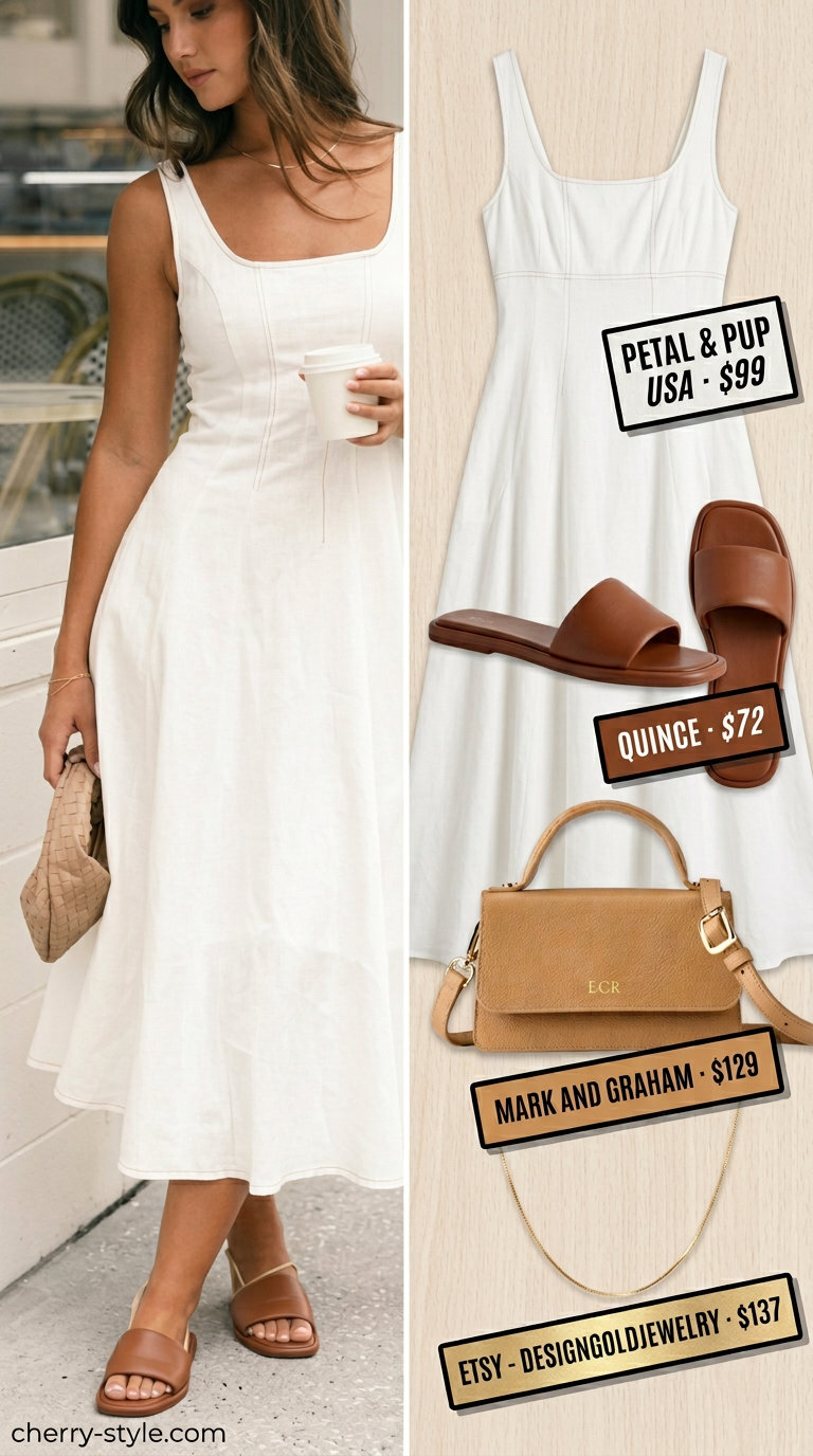 Tall women summer midi outfits 2026: Linen midi dress with tan slides, gold necklaces, and crossbody bag for a casual day out.