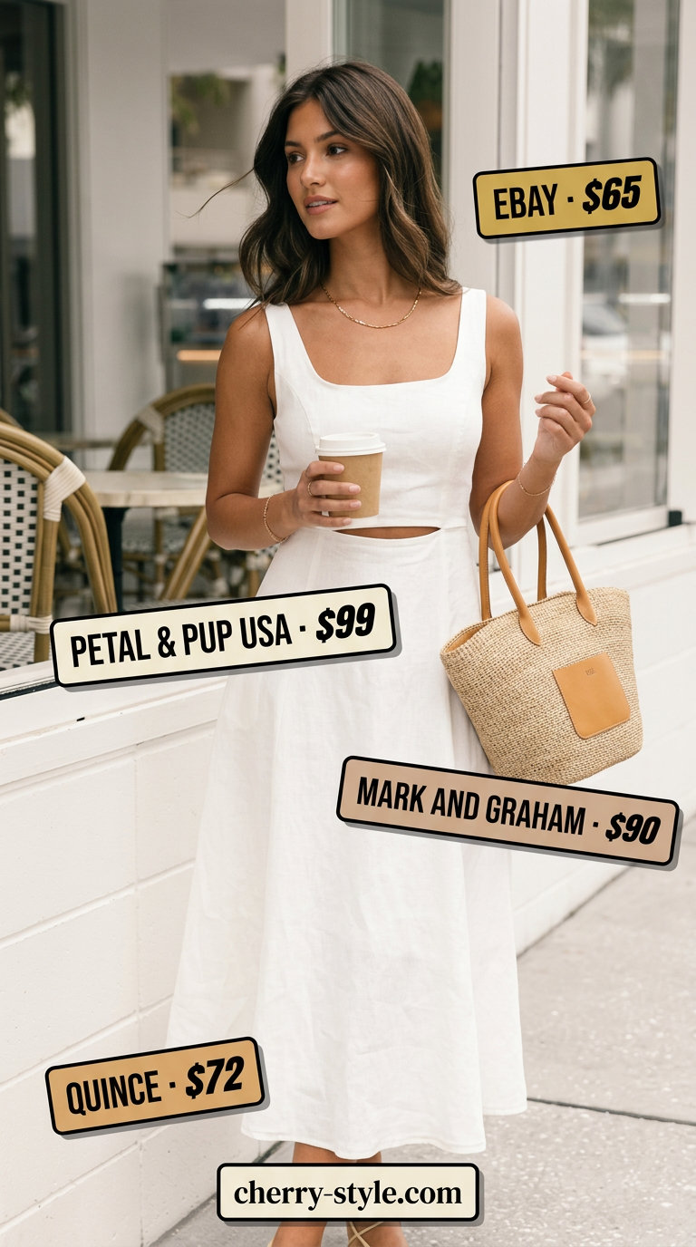 Tall women summer midi outfits 2026: Cream linen shorts & white blouse with tan slides for sophisticated casual weekend.