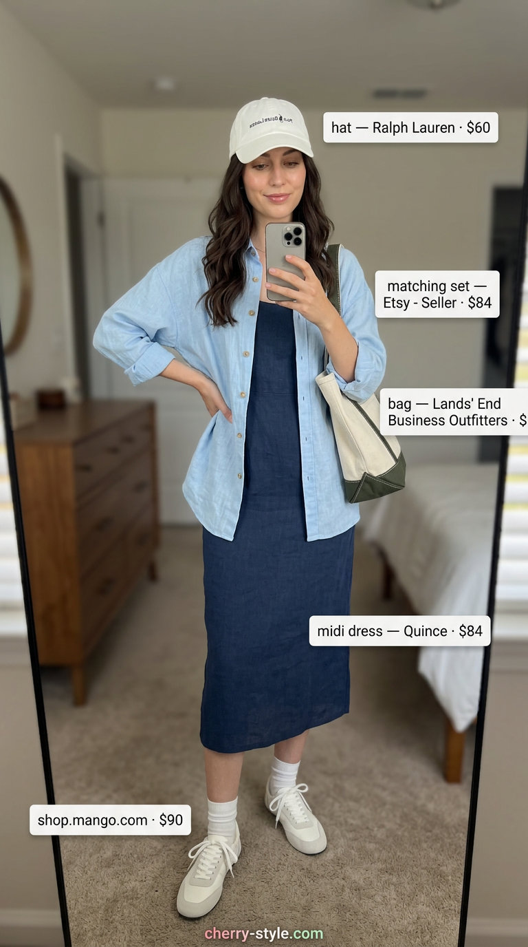 Tall women summer midi outfits 2026: Light blue stripe linen shorts set with white sneakers & cap for casual daytime.
