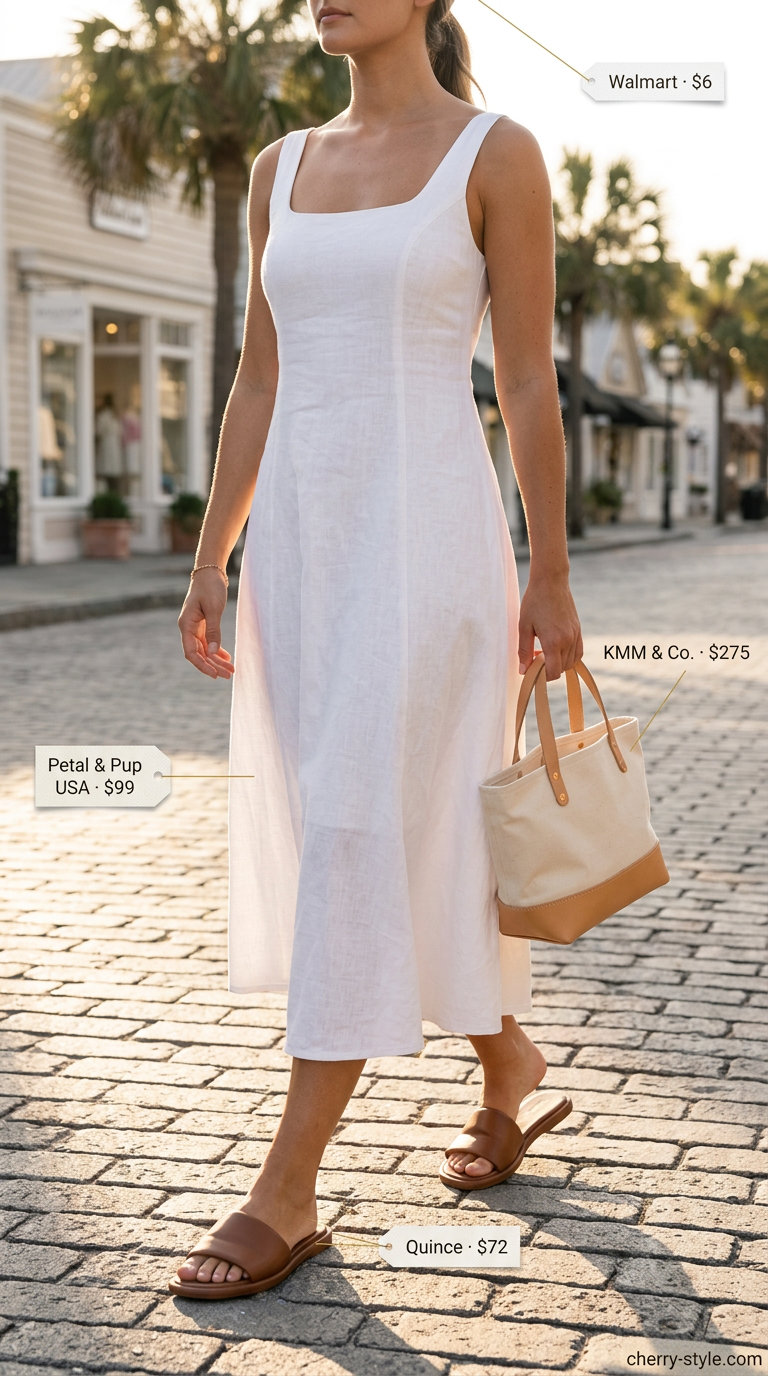 Tall women summer midi outfits 2026: White linen shorts & tank with tan sandals & canvas tote for casual days.