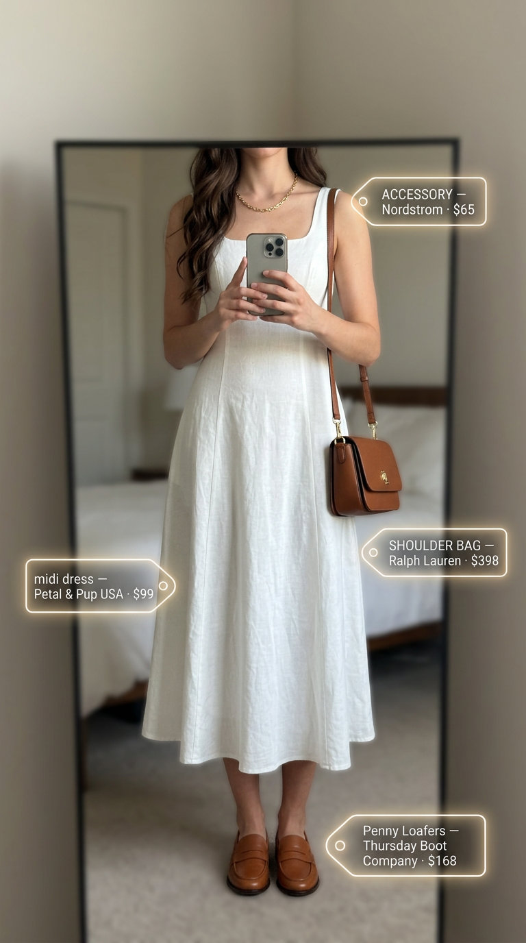 Tall women summer midi outfits 2026: Cream linen trousers with loafers and gold necklace.