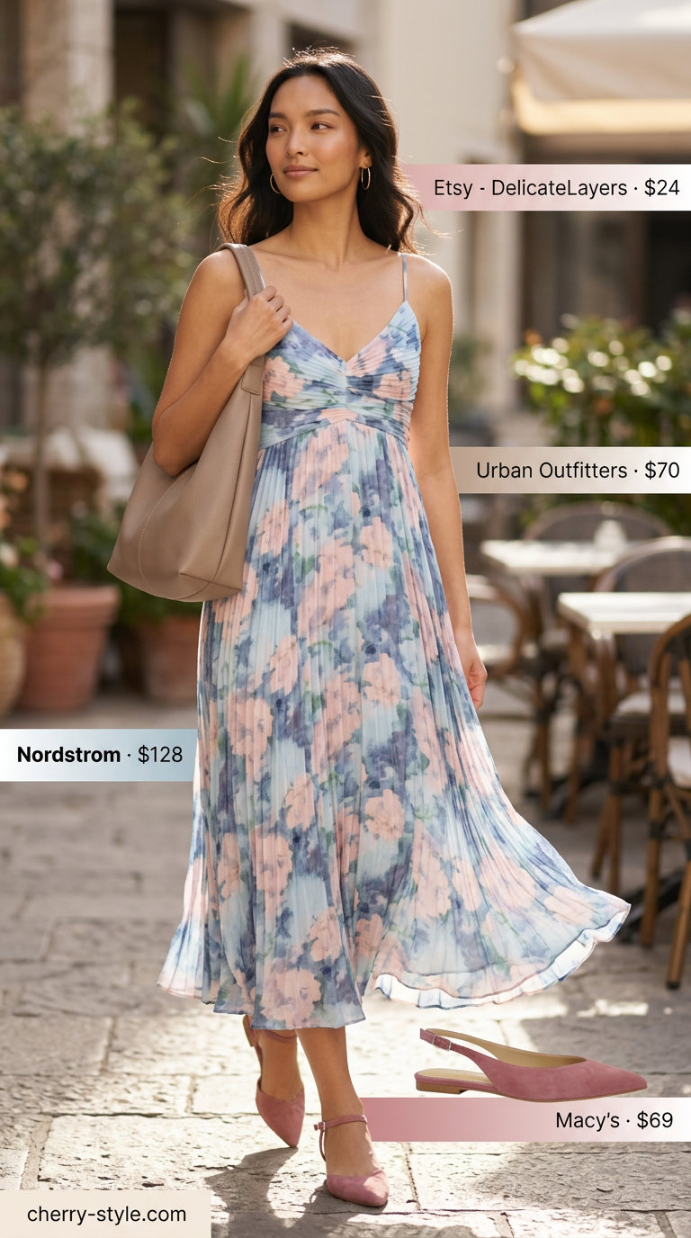 Tall women summer midi outfits 2026: Navy midi skirt with cream top, blush pink flats & gold earrings.