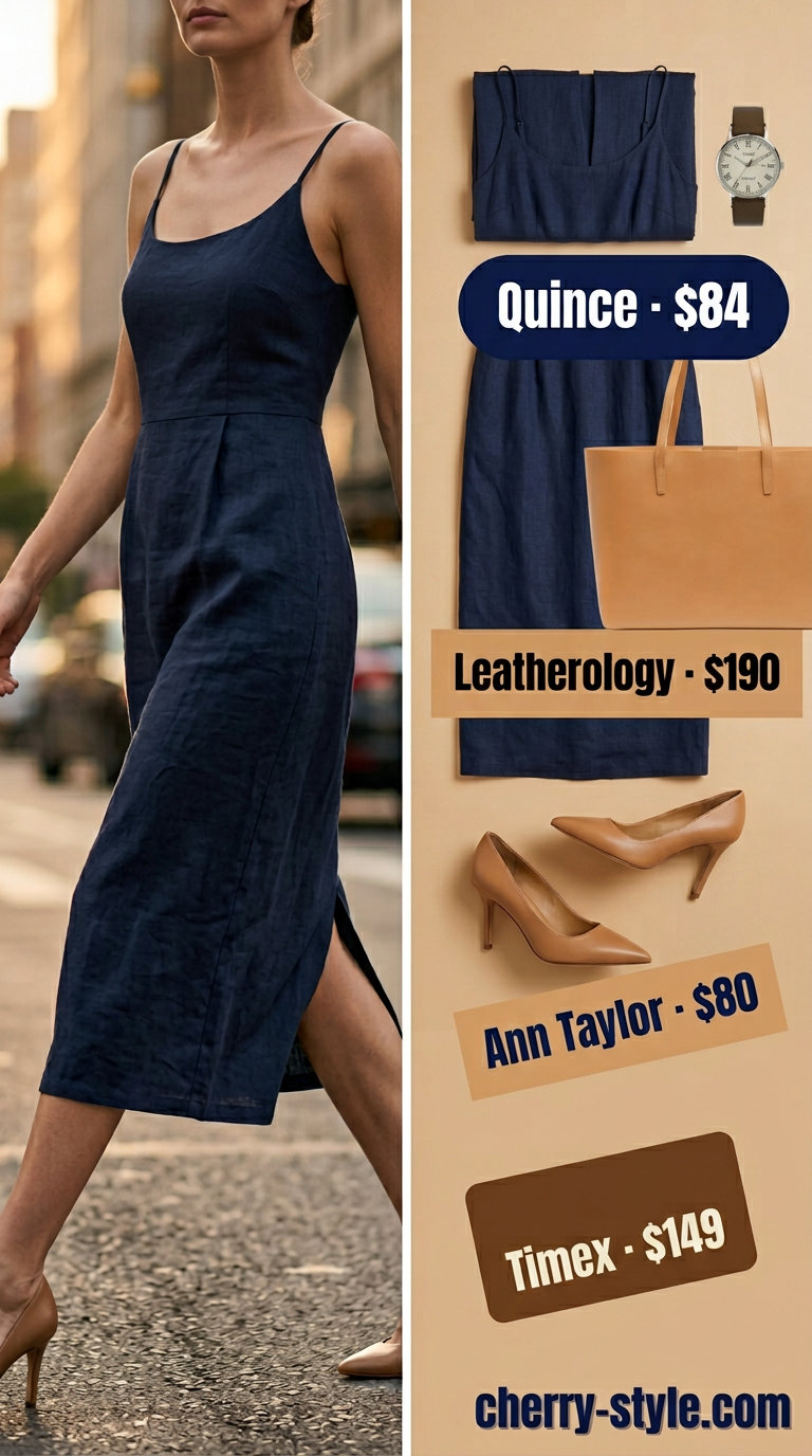 Power suit inspired tall women summer midi outfits 2026: Navy midi dress with tan pumps, structured tote, and classic watch for professional events.