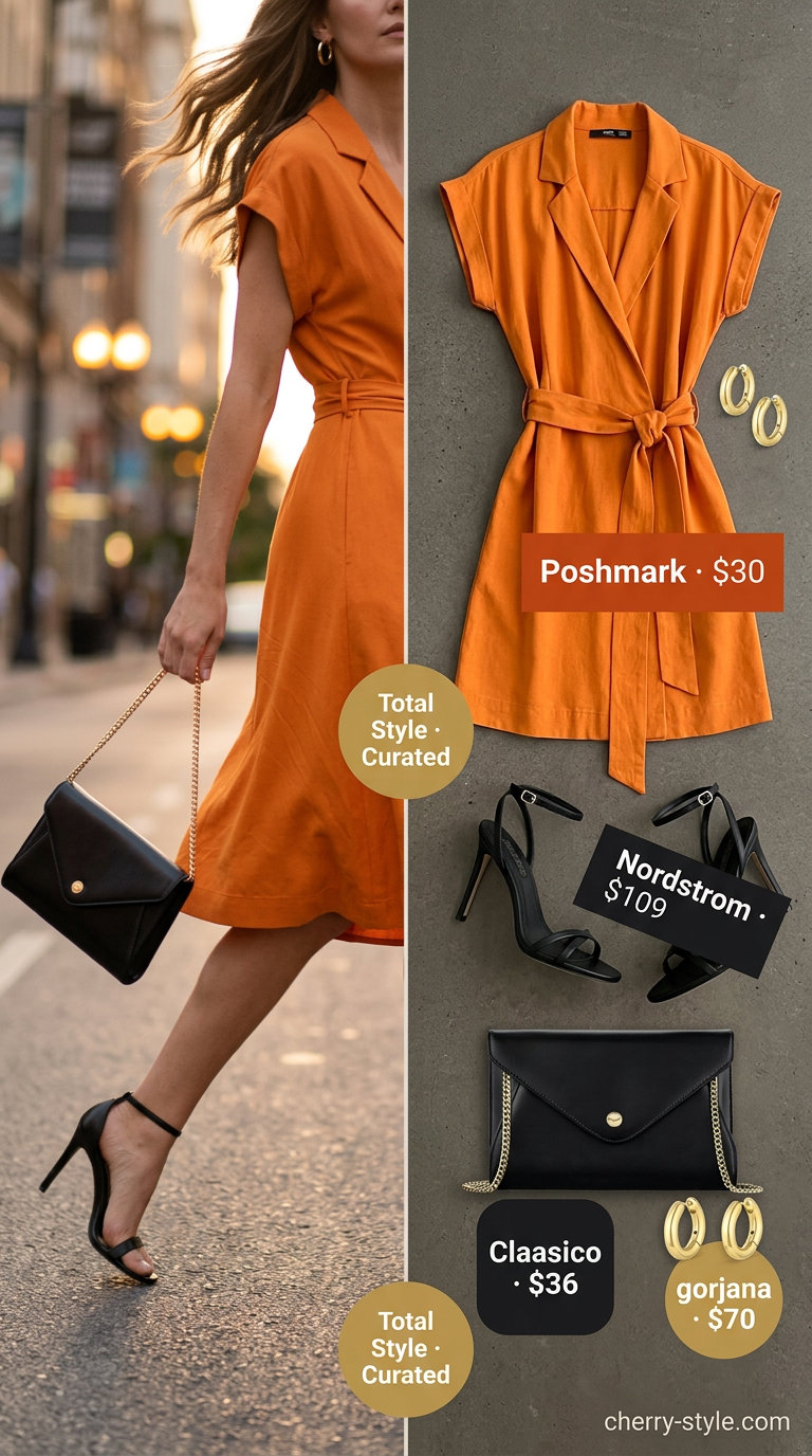 Mango orange satin midi dress for tall women summer midi outfits 2026: Paired with black strappy heels, gold hoop earrings, and clutch.