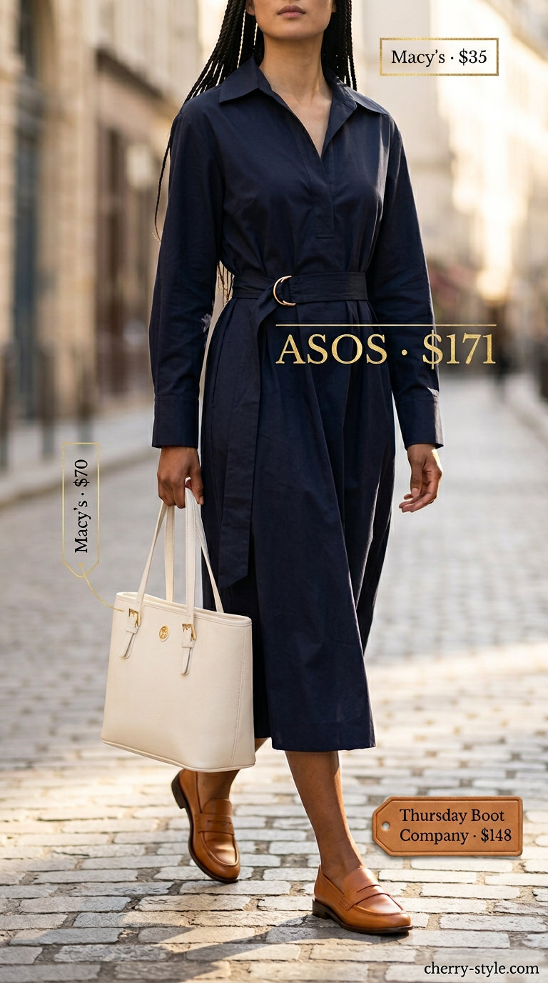 Tall women summer midi outfits 2026: Navy shirt dress with loafers and tote bag for work.