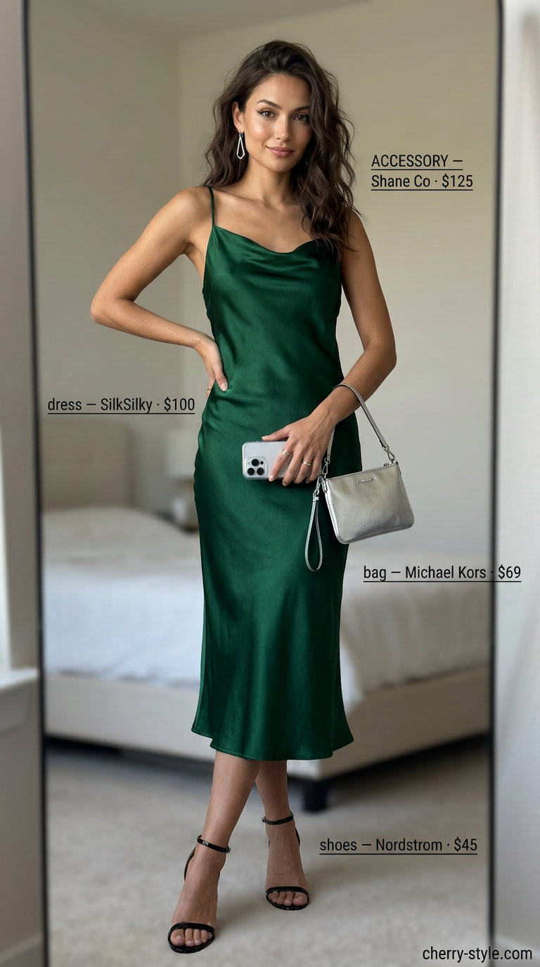Tall women summer midi outfits 2026: Emerald green slip dress with black heels & silver statement earrings.