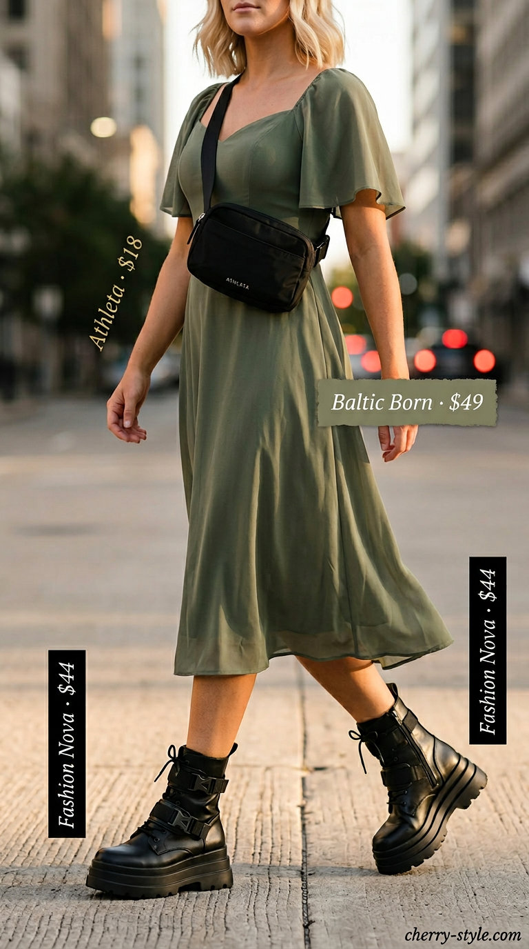 Tall women summer midi outfits 2026: Olive shorts with combat boots and belt bag for urban exploration.
