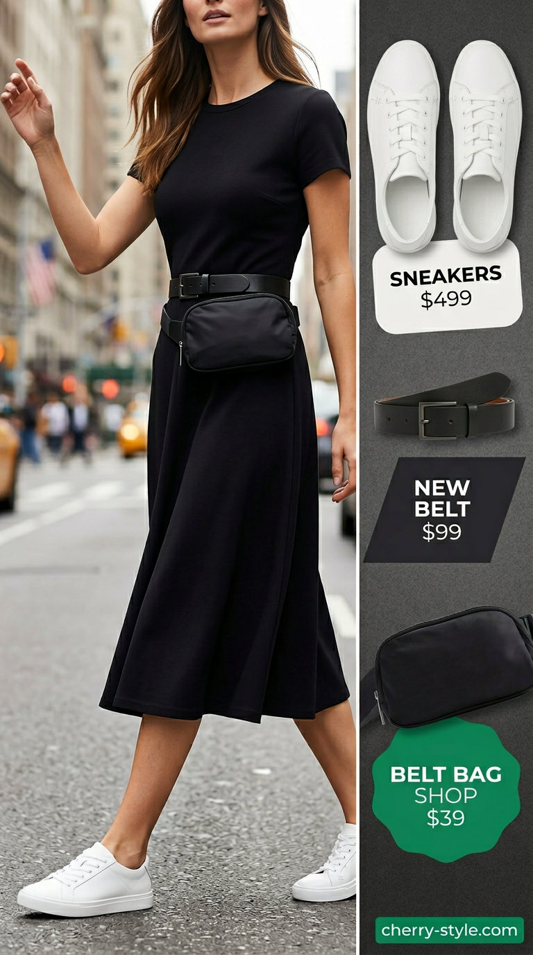 Tall women summer midi outfits 2026: Olive green utility jumpsuit with white sneakers & black belt bag.