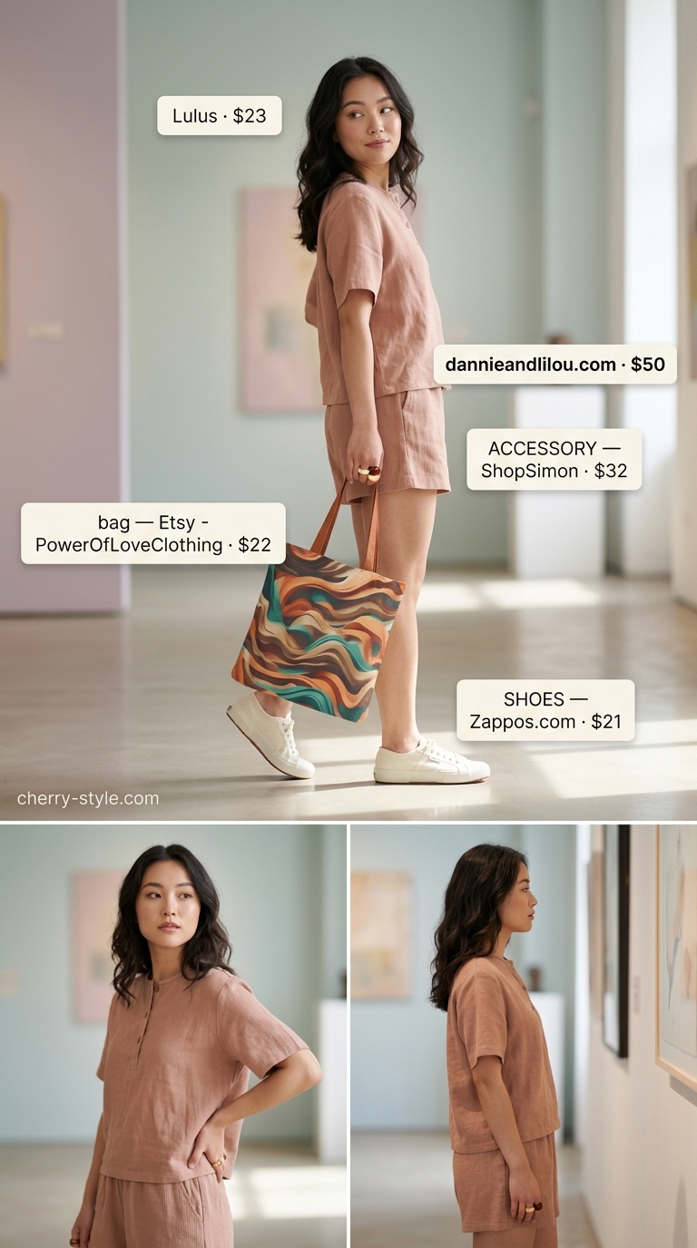 Trendy casual summer outfits for women 2026: Muted clay matching set, rust tank, beige sneakers, and patterned tote for an artsy vibe.