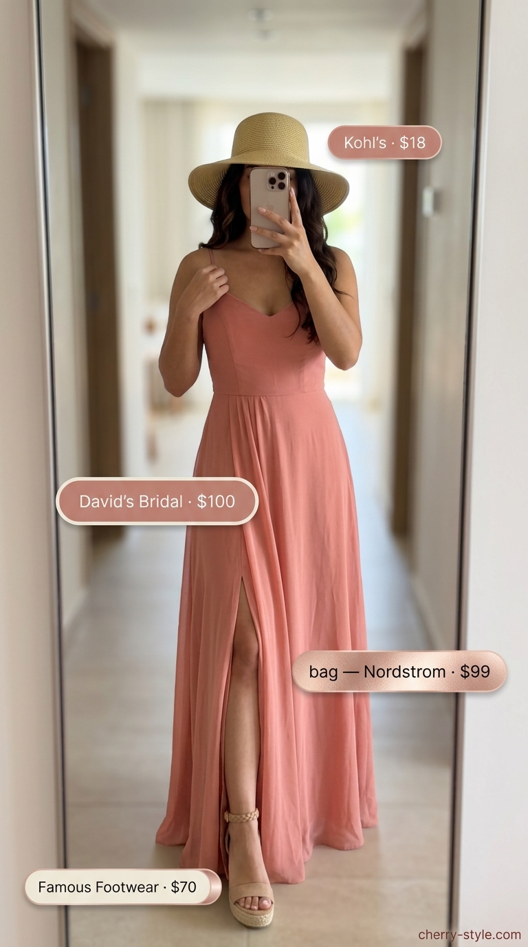 Trendy casual summer outfits for women 2026: Coral maxi dress, nude espadrilles, gold clutch, and straw hat for a beachside dinner.