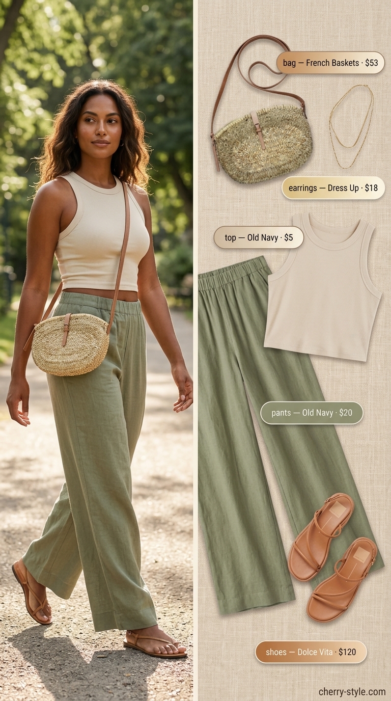 Trendy casual summer outfits for women 2026: Sage green linen pants, cream tank, tan sandals, and straw bag for evening stroll.