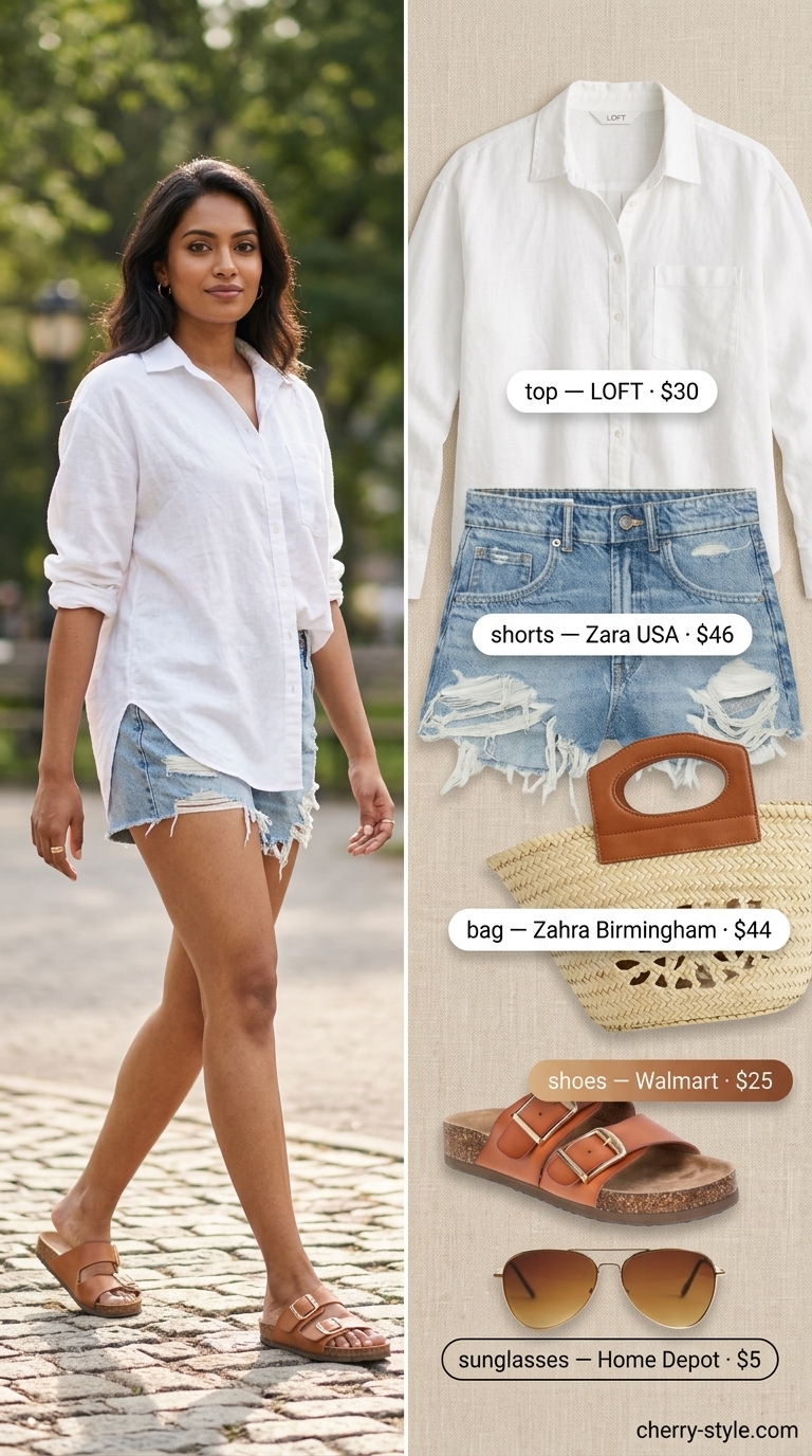 Trendy casual summer outfits for women 2026: White linen shirt, denim shorts, camel slides, and straw tote for shopping.