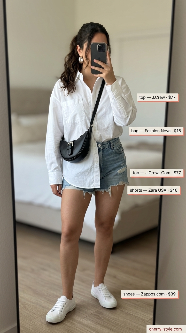 White button-down shirt, distressed denim shorts, black crossbody bag for city exploration. Trendy casual summer outfits for women 2026.