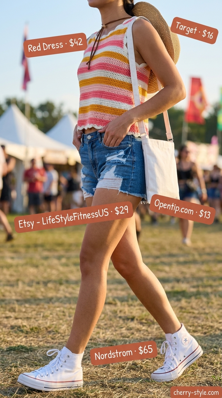 Denim shorts, crochet crop top, straw hat for a festival outfit. Trendy casual summer outfits for women 2026.