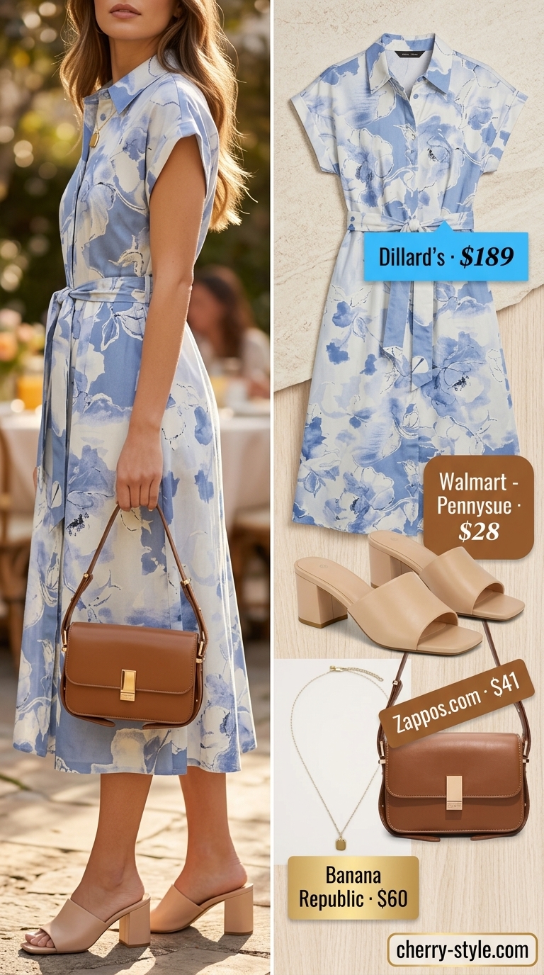 Sky blue floral midi dress, tan crossbody bag, beige mules for a garden party outfit. Trendy casual summer outfits for women 2026.