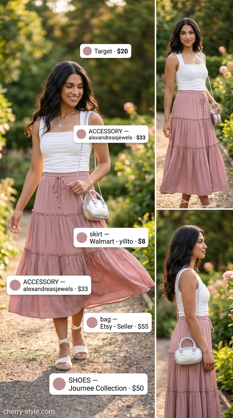Trendy casual summer outfits for women 2026: Pastel pink midi skirt, white tank top, white espadrilles, and silver bag for garden party.