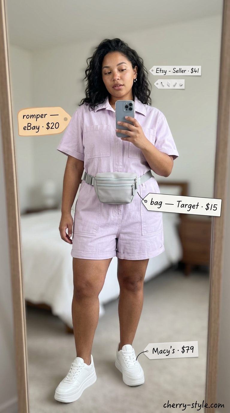 Trendy casual summer outfits for women 2026: Lavender utility romper, white sneakers, and grey belt bag for errands.