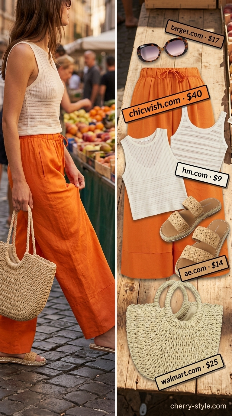 Trendy casual summer outfits for women 2026: Tangerine wide-leg pants, cream tank top, straw tote, and espadrilles for a sunny market day.