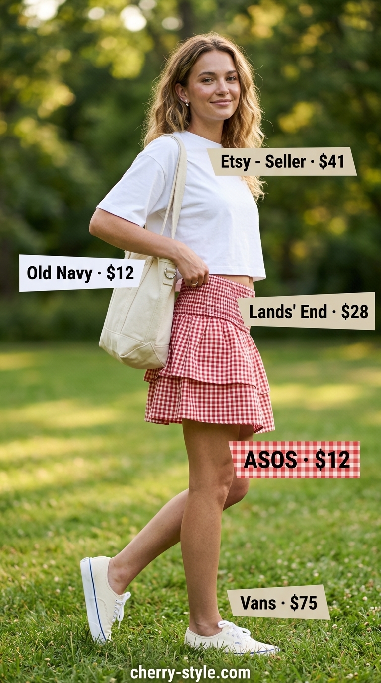 Trendy casual summer outfits for women 2026: Red gingham skirt, white tee, canvas sneakers, and silver earrings for a picnic.