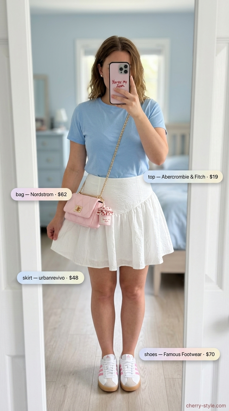 Trendy casual summer outfits for women 2026: Sky blue knit top, blue mini skirt, white platform sneakers, and pink bag for a picnic.
