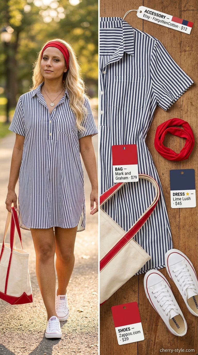 Trendy casual summer outfits for women 2026: Navy striped shirtdress, white sneakers, red headband, and tote bag for brunch.