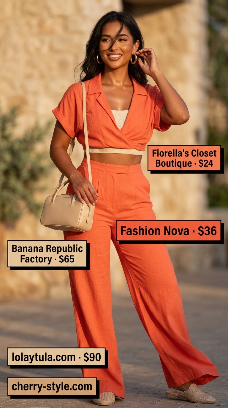 Terracotta linen matching set, cream sandals, gold hoops for resort wear. Trendy casual summer outfits for women 2026.