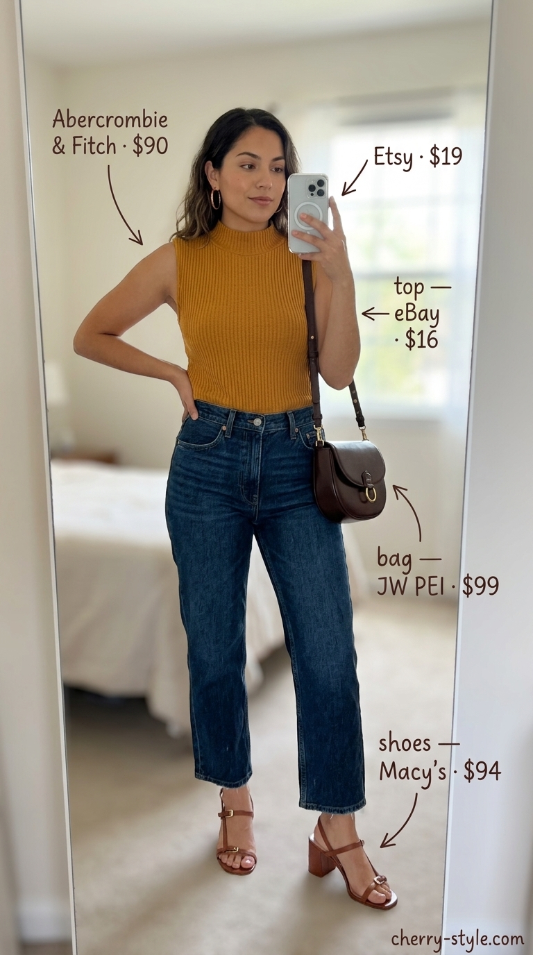 Trendy casual summer outfits for women 2026: Dark wash cropped jeans, mustard mock neck top, and block heel sandals for a retro vibe.