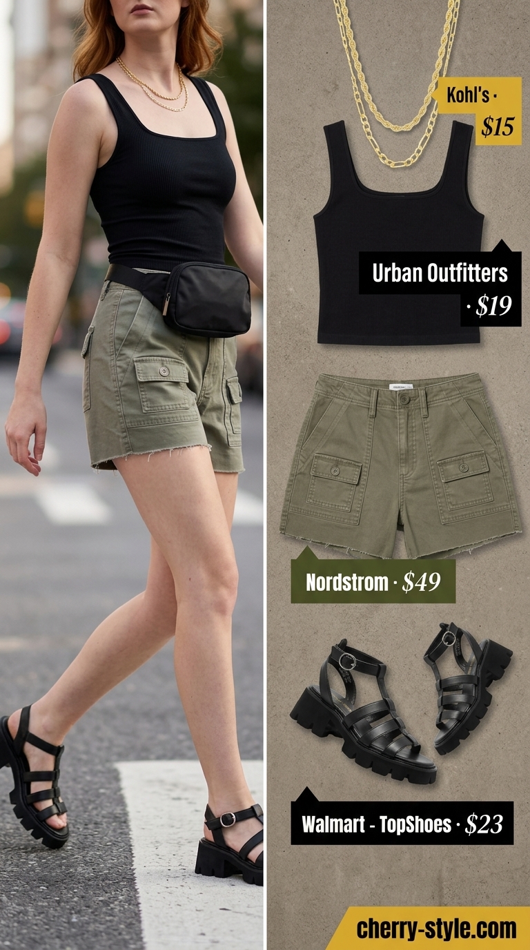 Olive green cargo shorts, black knit top, platform sandals for urban safari. Trendy casual summer outfits for women 2026.