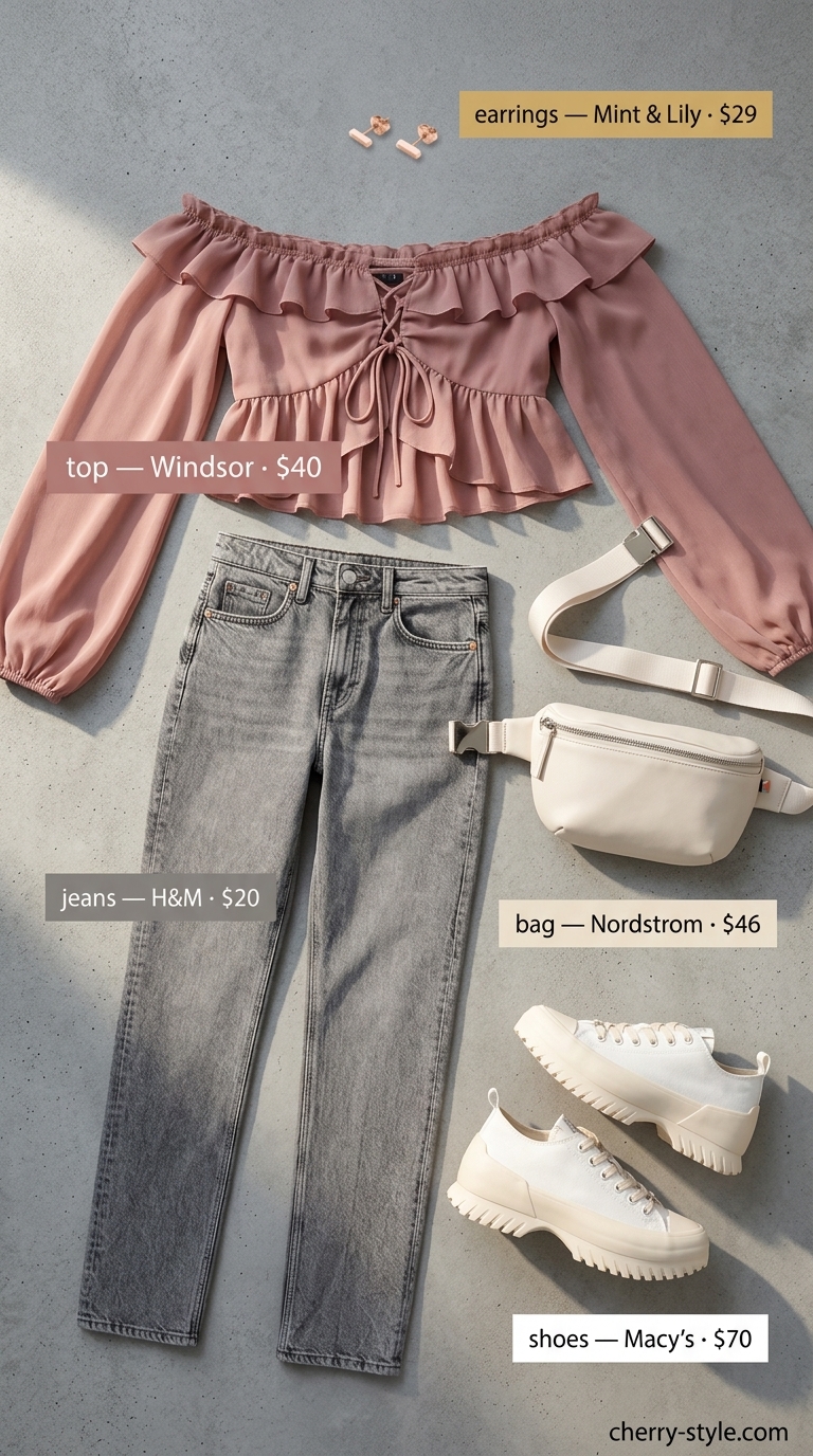 Trendy casual summer outfits for women 2026: Grey jeans, dusty rose off-shoulder top, white belt bag, and sneakers for a playful street style.