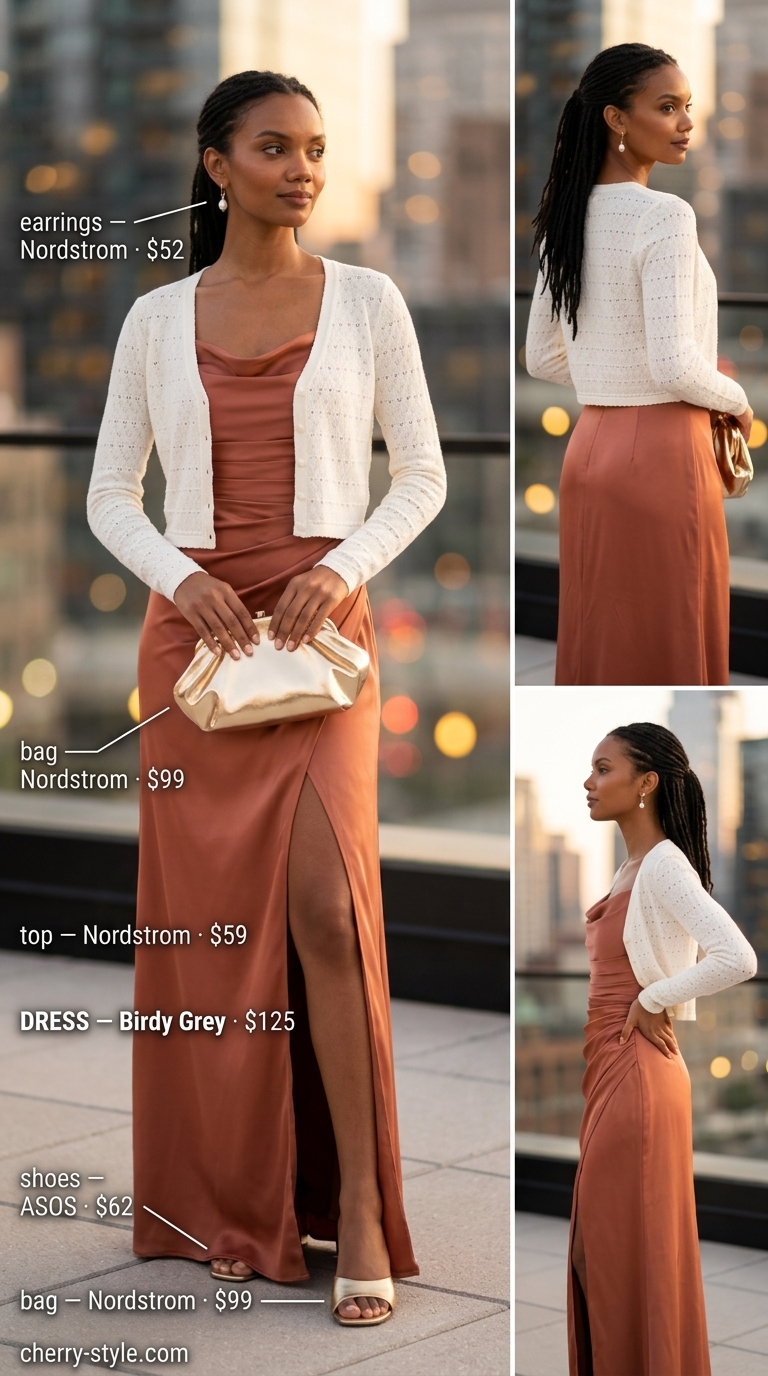 Terracotta satin maxi dress, ivory cardigan, gold heels for a dinner date. Trendy casual summer outfits for women 2026.