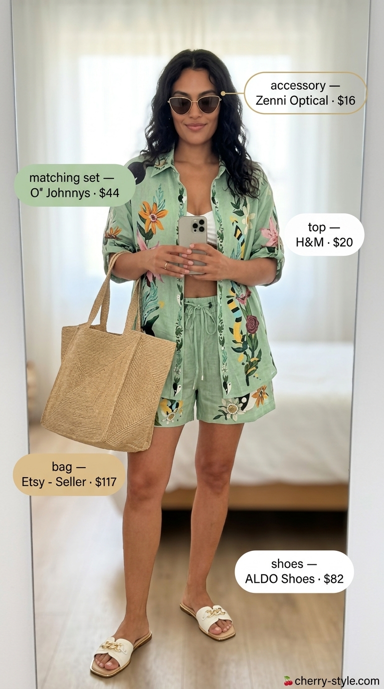 Trendy casual summer outfits for women 2026: Tropical print matching set, white bikini top, and raffia tote for resort wear.