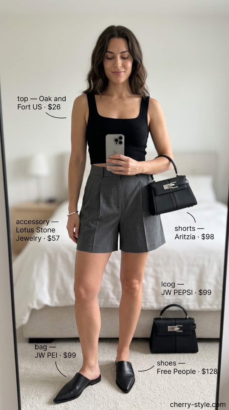 Trendy casual summer outfits for women 2026: Charcoal linen shorts, black knit tank, leather mules, and mini bag for gallery visit.