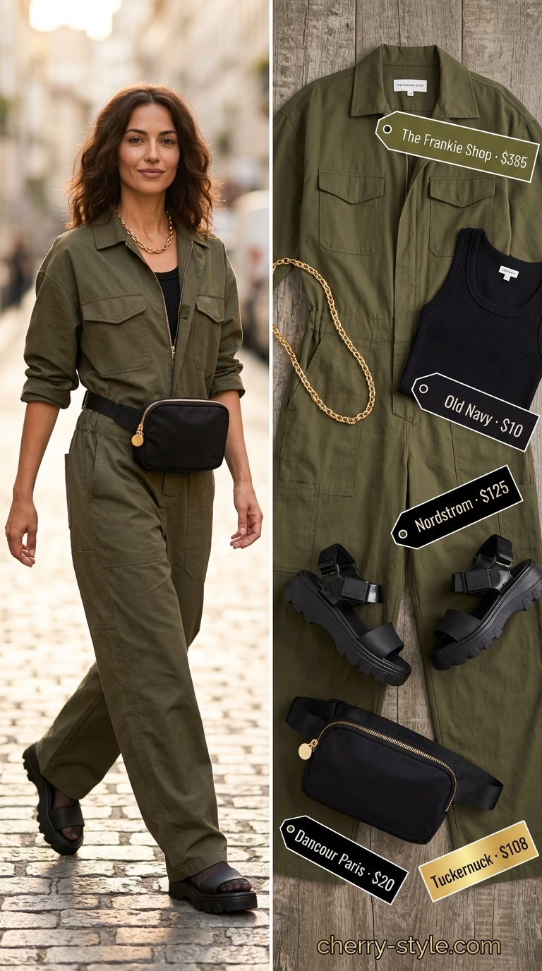 Trendy casual summer outfits for women 2026: Olive green utility jumpsuit, black tank, gold necklace, and belt bag for city exploration.