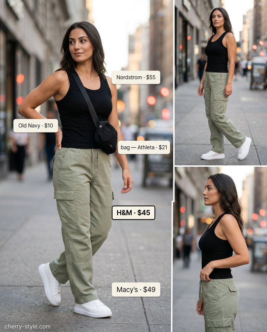 Trendy Miami summer outfits for women 2026: Khaki cargo pants, black tank, chunky sneakers, belt bag for urban exploration.