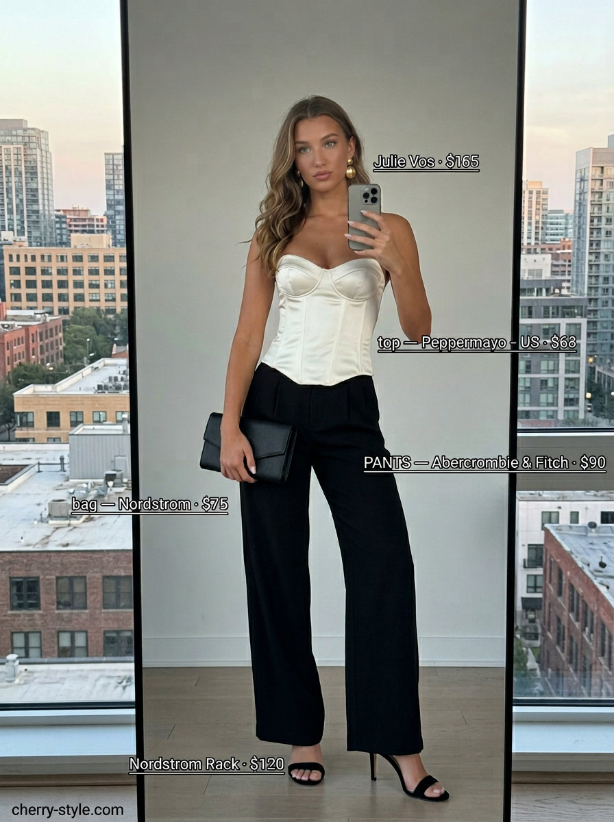 Black trousers and corset top outfit for trendy Miami summer outfits for women 2026. Sophisticated evening wear.