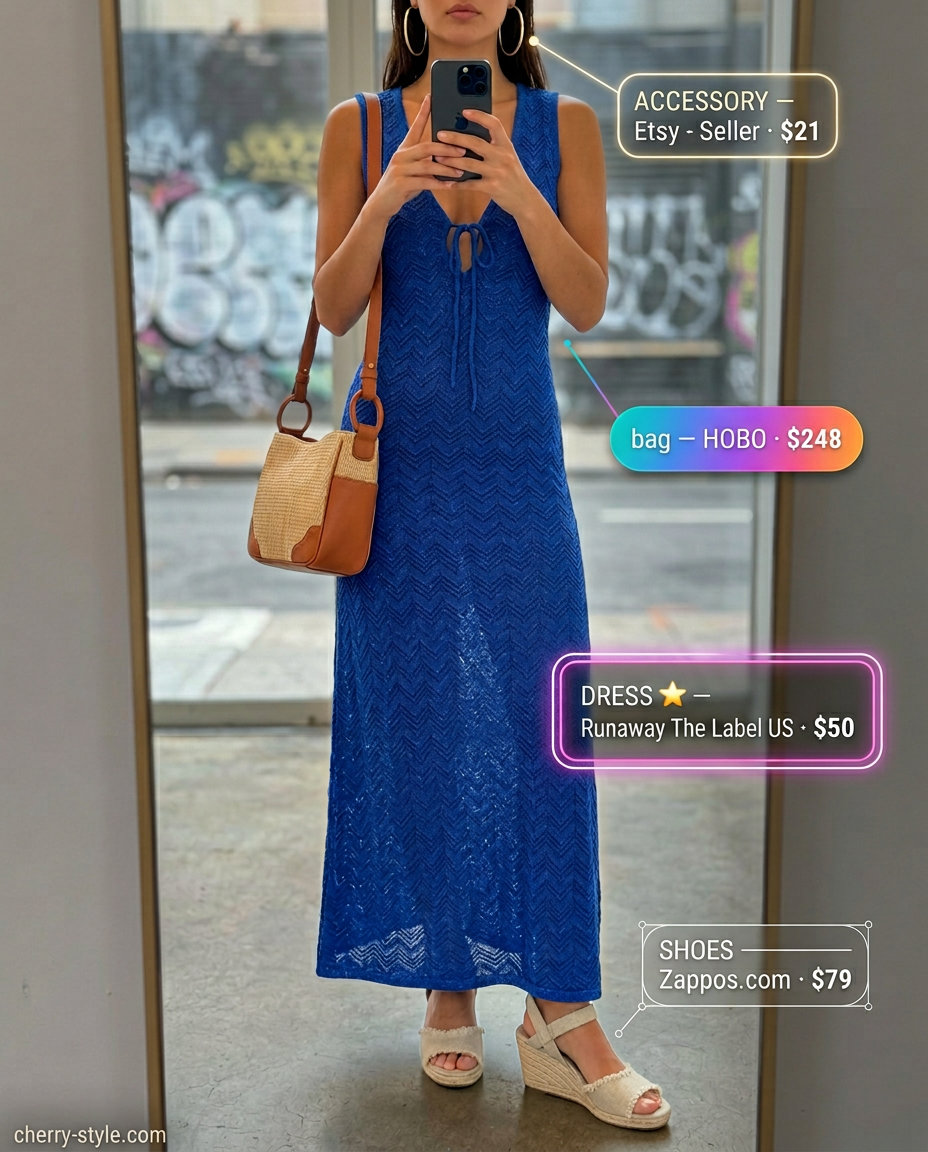Cobalt blue maxi dress outfit for trendy Miami summer outfits for women 2026. Elegant resort wear with straw bag.
