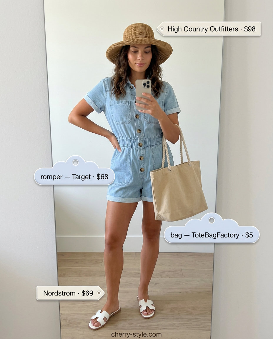 Light blue romper outfit for trendy Miami summer outfits for women 2026. Casual beach day style with straw hat.