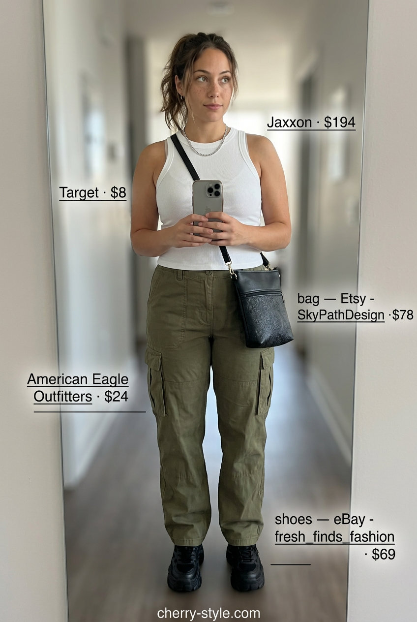 Khaki cargo pants outfit for trendy Miami summer outfits for women 2026. Urban adventure style with platform sneakers.