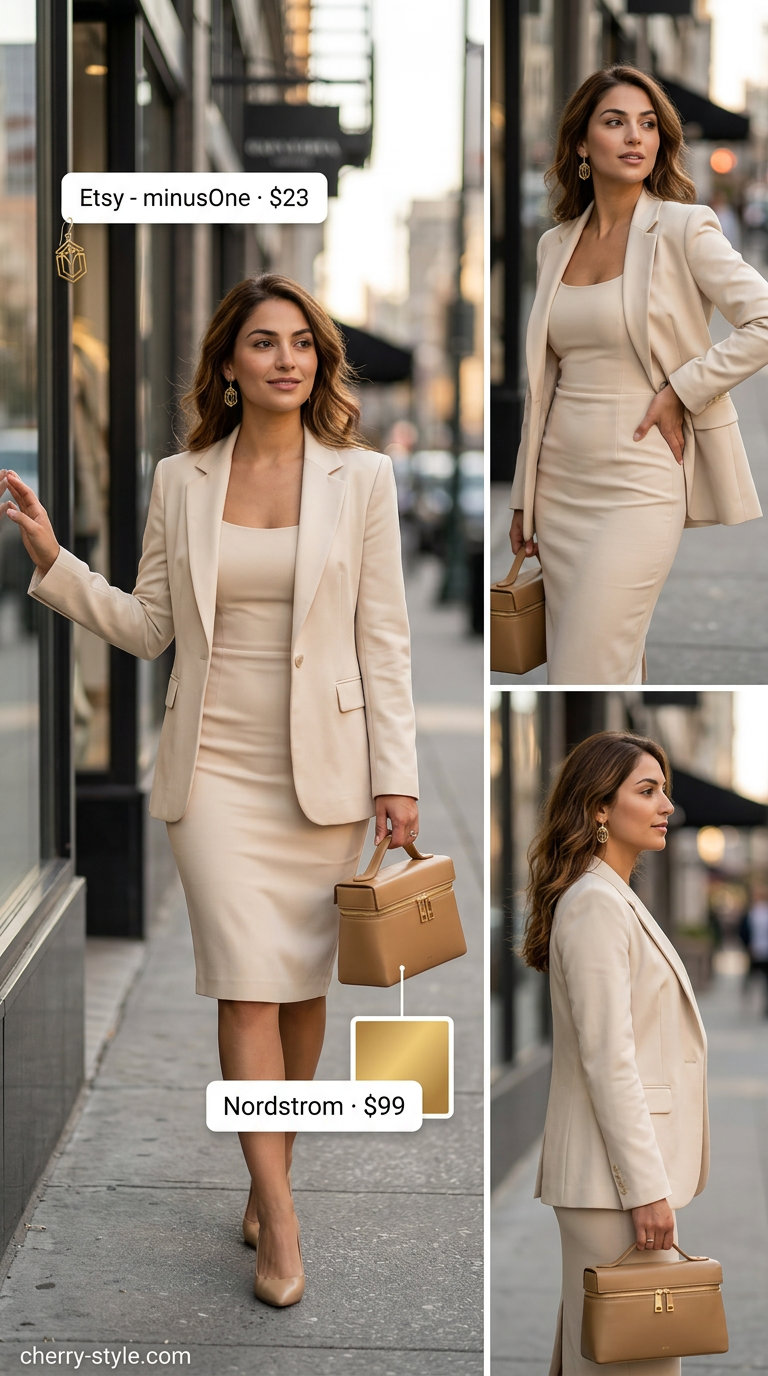 Cream matching set outfit for trendy Miami summer outfits for women 2026. Elegant Art Deco style for events.