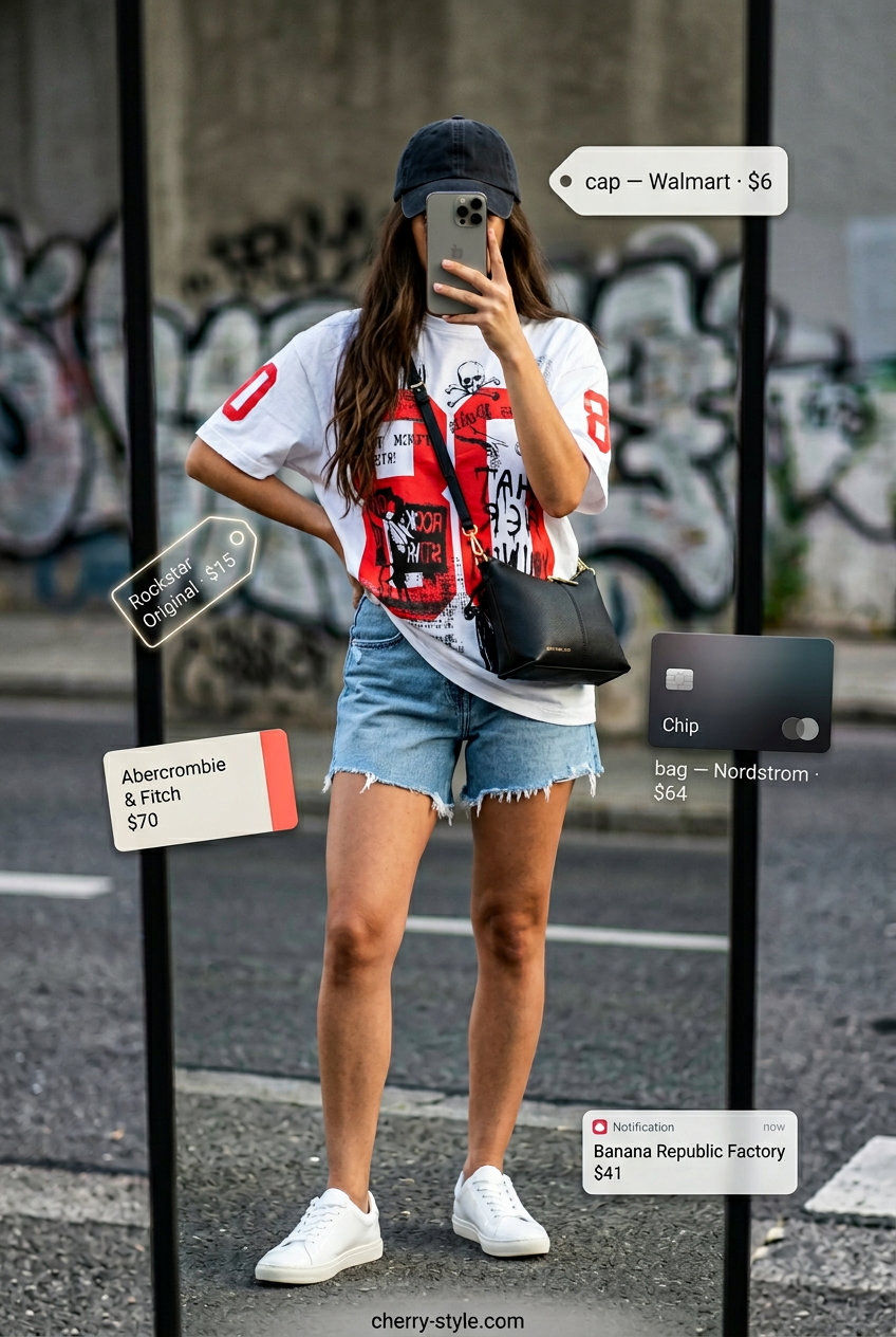 Denim shorts and graphic tee outfit for trendy Miami summer outfits for women 2026. Casual city exploring style.