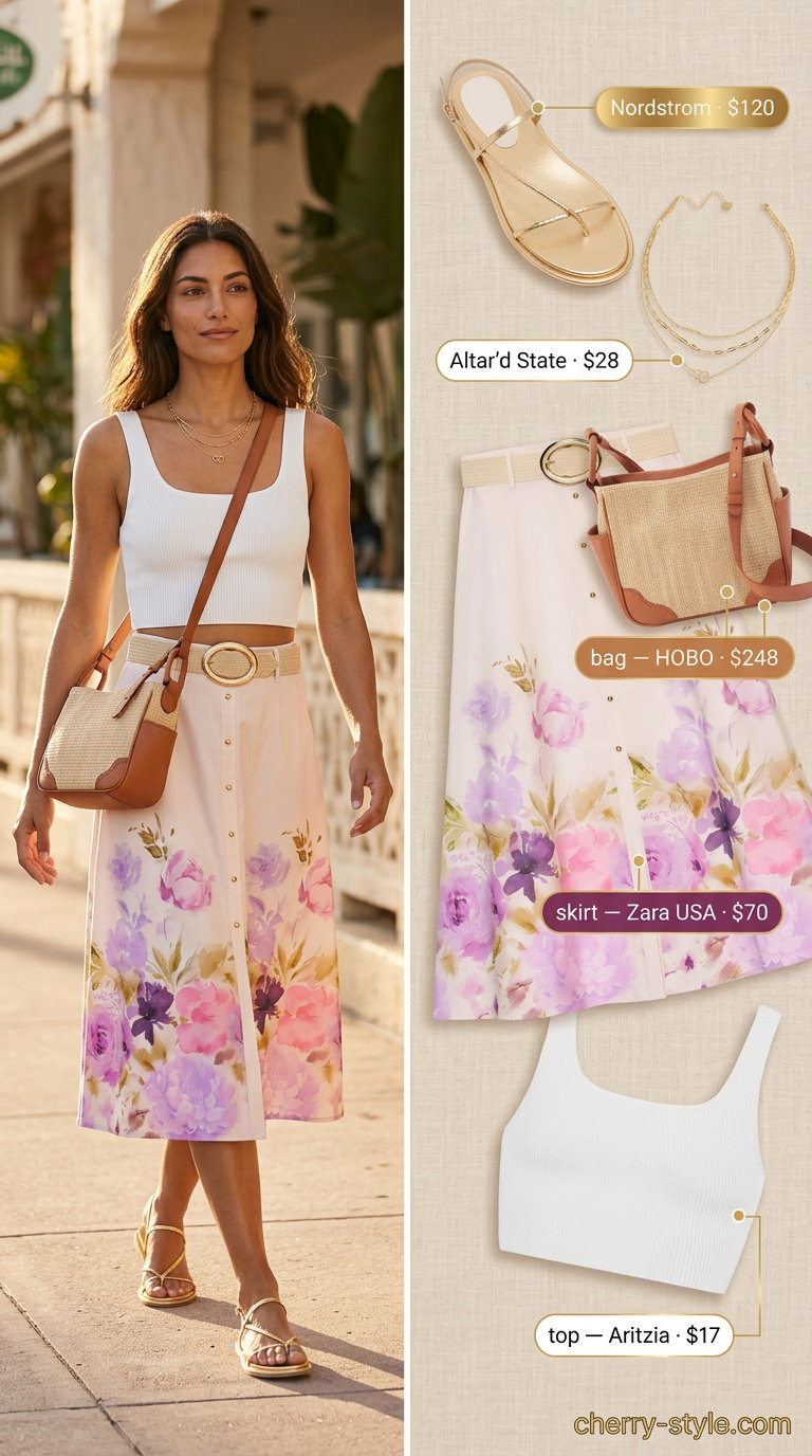Floral midi skirt outfit for trendy Miami summer outfits for women 2026. Playful brunch style with crop top.