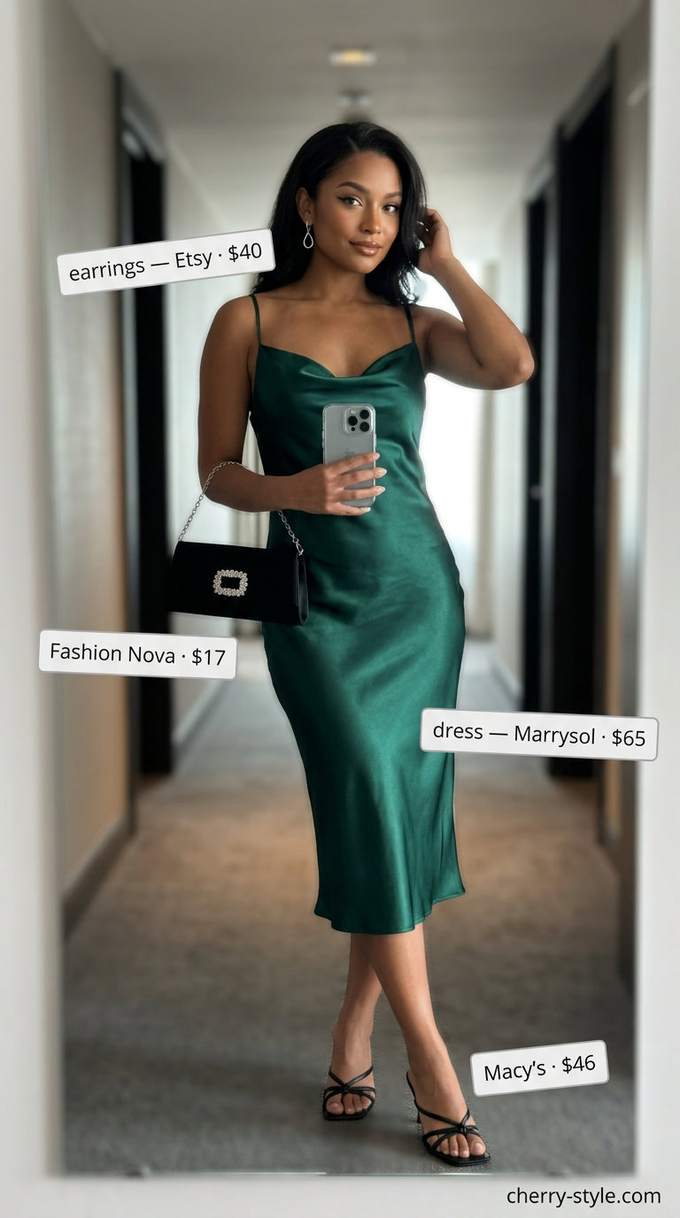 Emerald green slip dress outfit for trendy Miami summer outfits for women 2026. Glamorous evening party look.