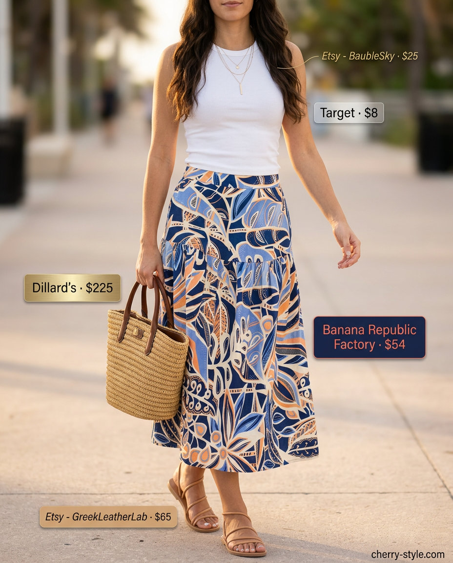 Trendy Miami summer outfits for women 2026: Coral floral skirt, white tank, layered necklace, straw tote, leather sandals for beach brunch.