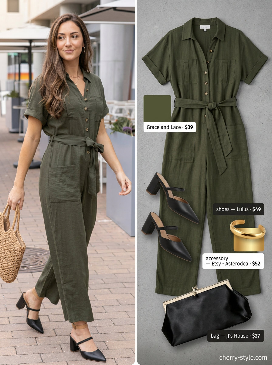 Trendy Miami summer outfits for women 2026: Olive green utility jumpsuit, black mules, clutch, and gold cuff for a chic evening out.