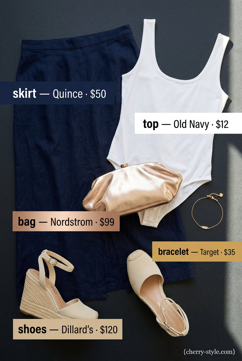 Navy maxi skirt outfit for trendy Miami summer outfits for women 2026. Elegant look with white bodysuit & gold espadrilles.