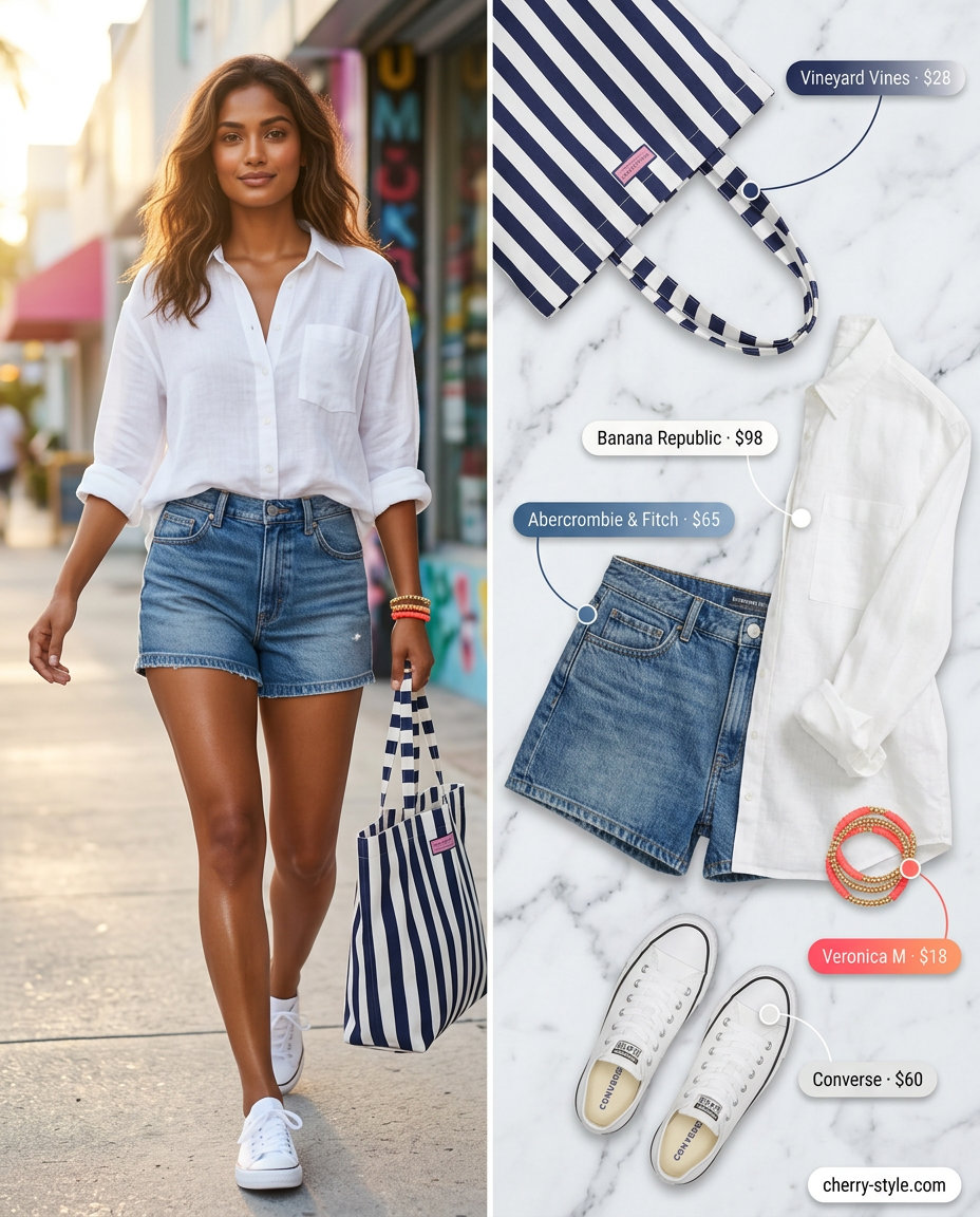 Trendy Miami summer outfits for women 2026: Denim shorts, oversized linen shirt, coral bracelet, and canvas sneakers for casual sightseeing.