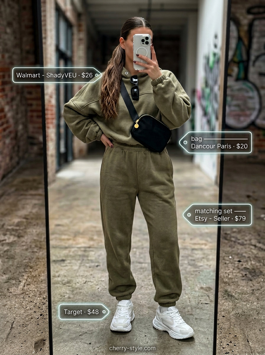 Olive green athleisure set for trendy Miami summer outfits for women 2026. Comfortable and trendy casual wear.