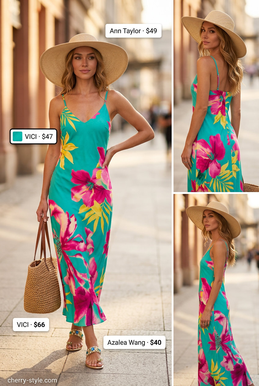 Trendy Miami summer outfits for women 2026: Flowy tropical maxi dress, straw hat, tote, and embellished sandals for poolside chic.
