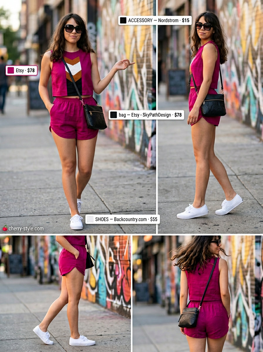 Trendy Miami summer outfits for women 2026: Hot pink geometric two-piece set, white sneakers, black crossbody bag for street art exploring.