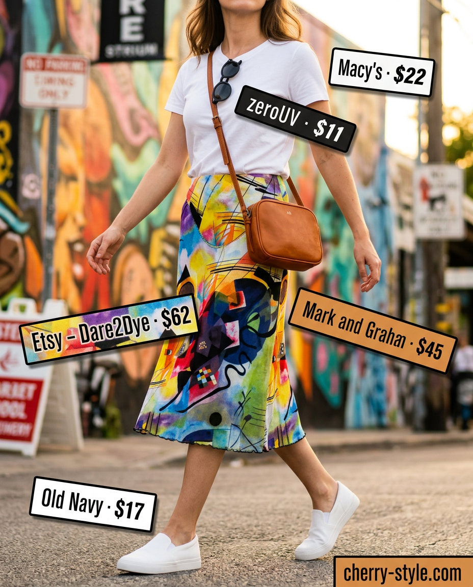 Abstract print midi skirt, white tee & sneakers for trendy Miami summer outfits for women 2026.